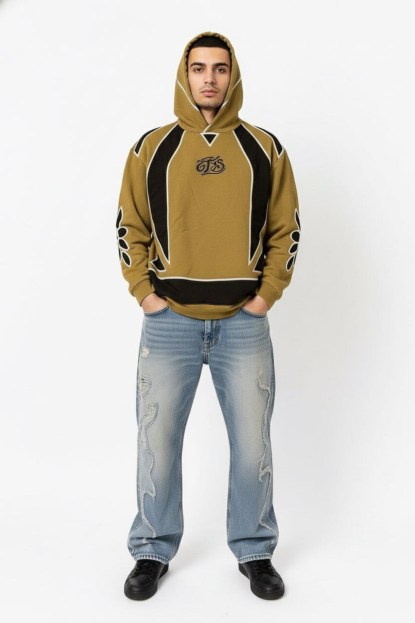 Khaki Hoodie with Graphic Patterns – Streetwear Style